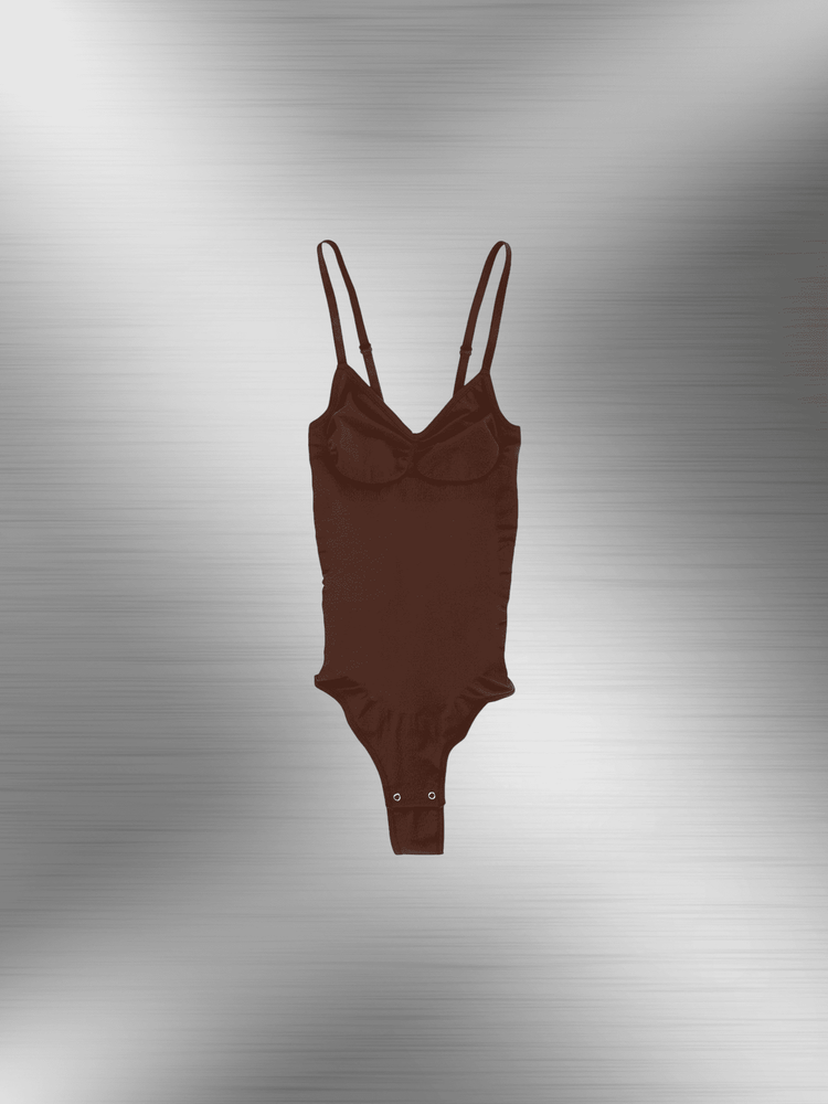 Brown open-back bodysuit with adjustable straps, low scoop back, and snap crotch closure for seamless under clothing