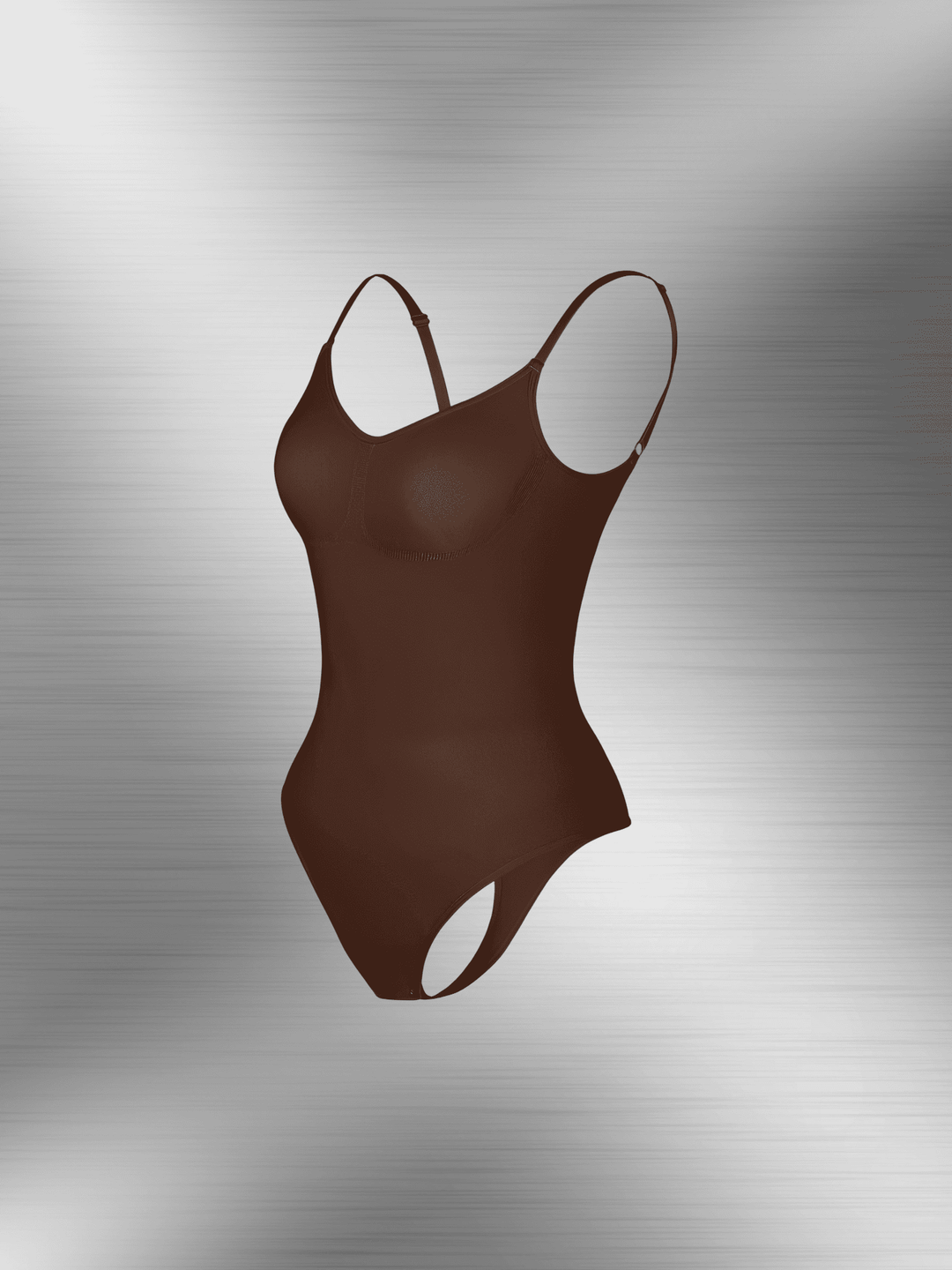 Brown open-back bodysuit with adjustable straps and low scoop back for a smooth, flattering fit