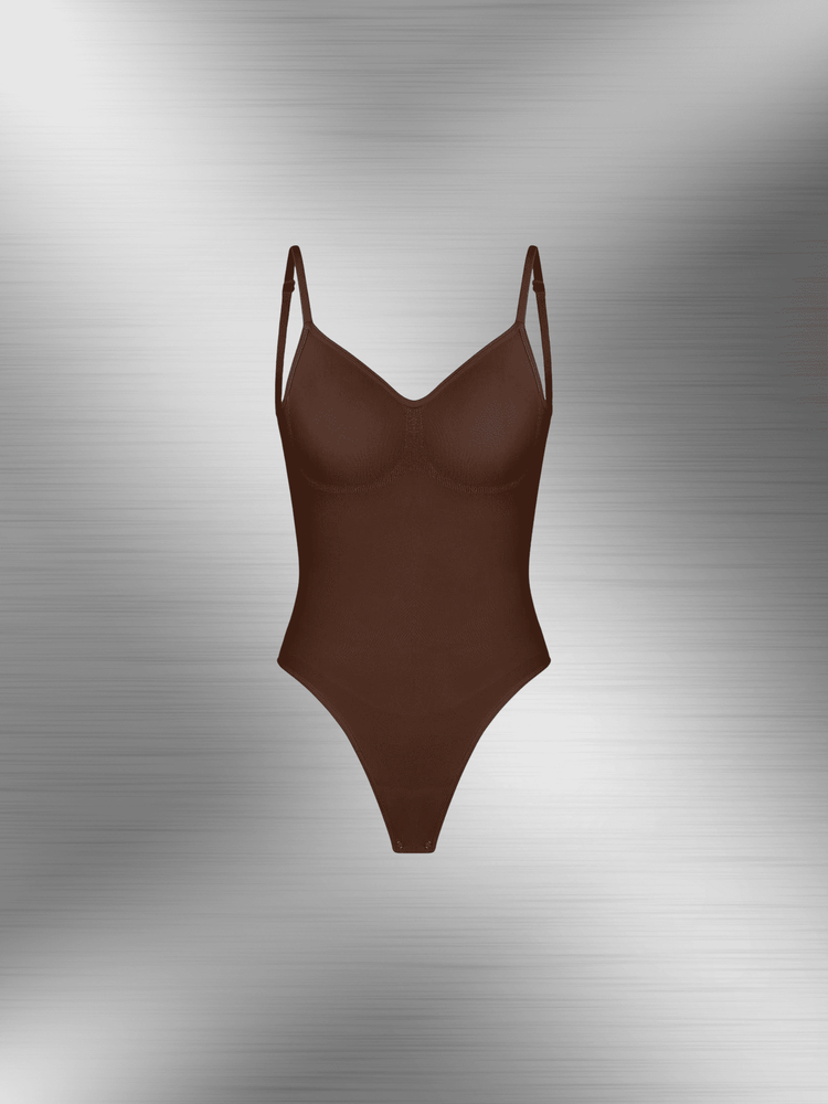 Brown open-back bodysuit with adjustable straps and low scoop back for seamless low-back styling