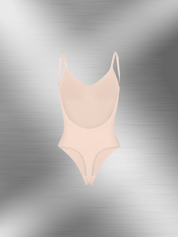 open-back bodysuit with low scoop back, adjustable straps, and tummy-smoothing fit for low-back outfits