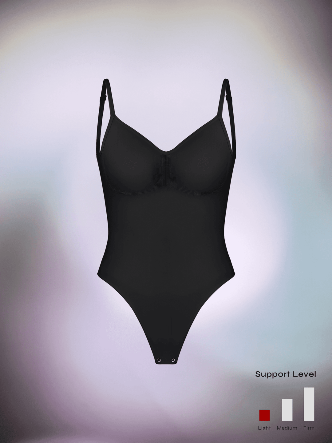 Black open-back bodysuit with adjustable straps and low scoop back, supportive shaping fit for low-back outfits