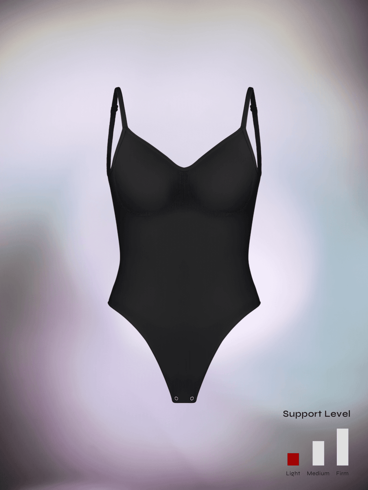 Black open-back bodysuit with adjustable straps and low scoop back, supportive shaping fit for low-back outfits
