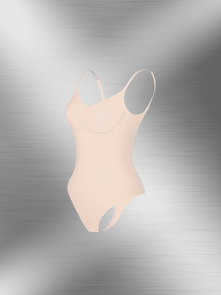open-back bodysuit with low scoop back, adjustable straps, and tummy control for a smooth fit under clothing