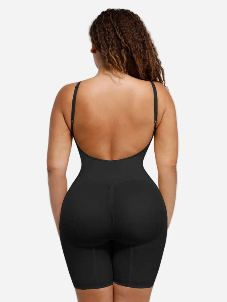 open-back sculptwear bodysuit with front-scoop neckline and mid-thigh length for smooth, contoured shaping