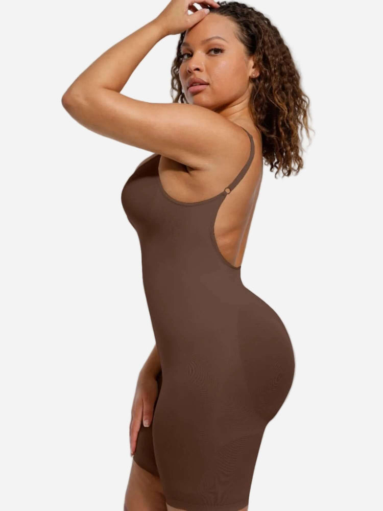 open-back sculptwear bodysuit with front-scoop neckline and mid-thigh length for smoothing, contouring fit