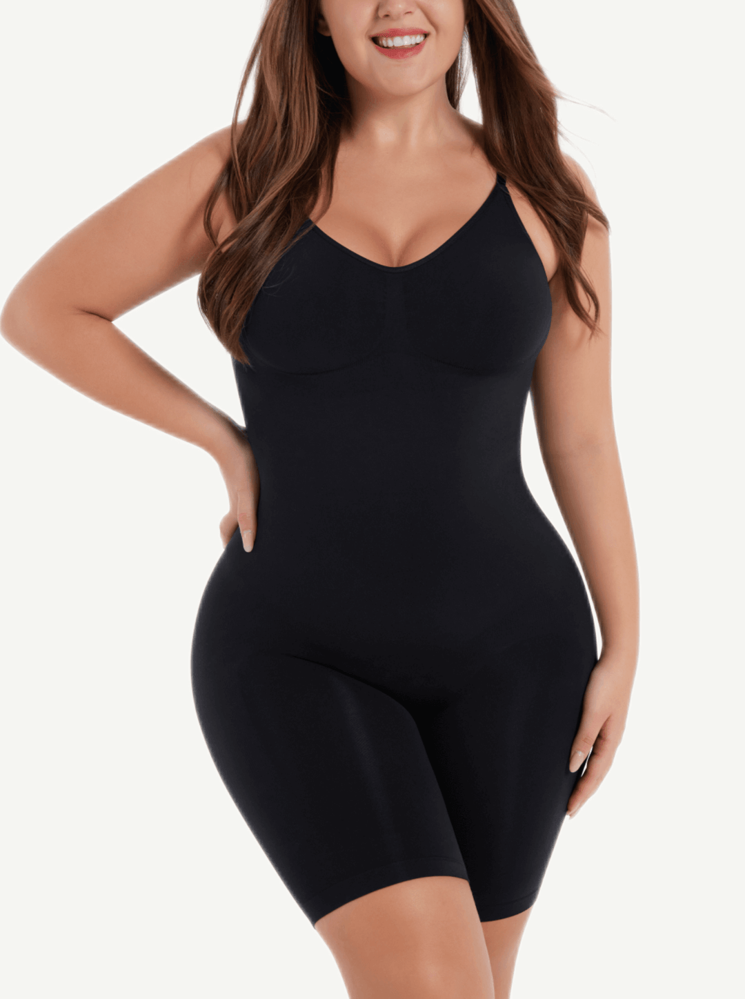 open-back sculptwear bodysuit with front-scoop neckline, medium compression, and mid-thigh length for a smooth, contoured fit