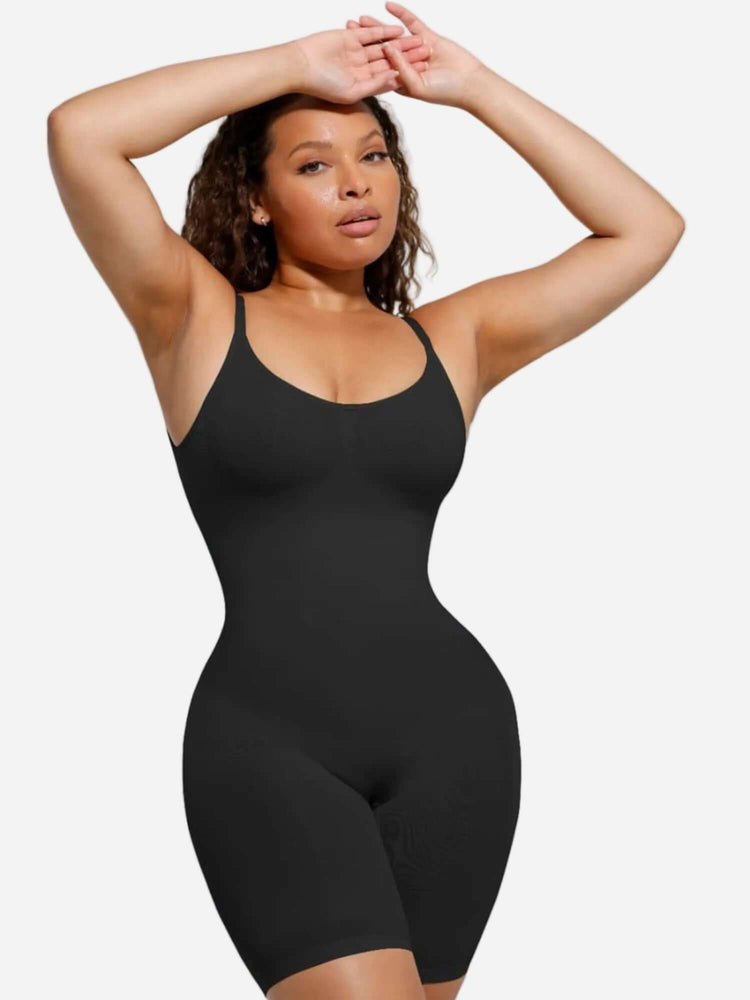 open-back sculptwear bodysuit with front-scoop neckline and mid-thigh length for smooth, contoured everyday shaping