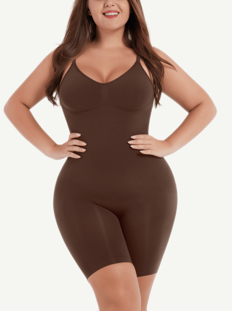 open-back sculptwear bodysuit with front-scoop neckline, medium compression, and mid-thigh length for a smooth contoured silhouette
