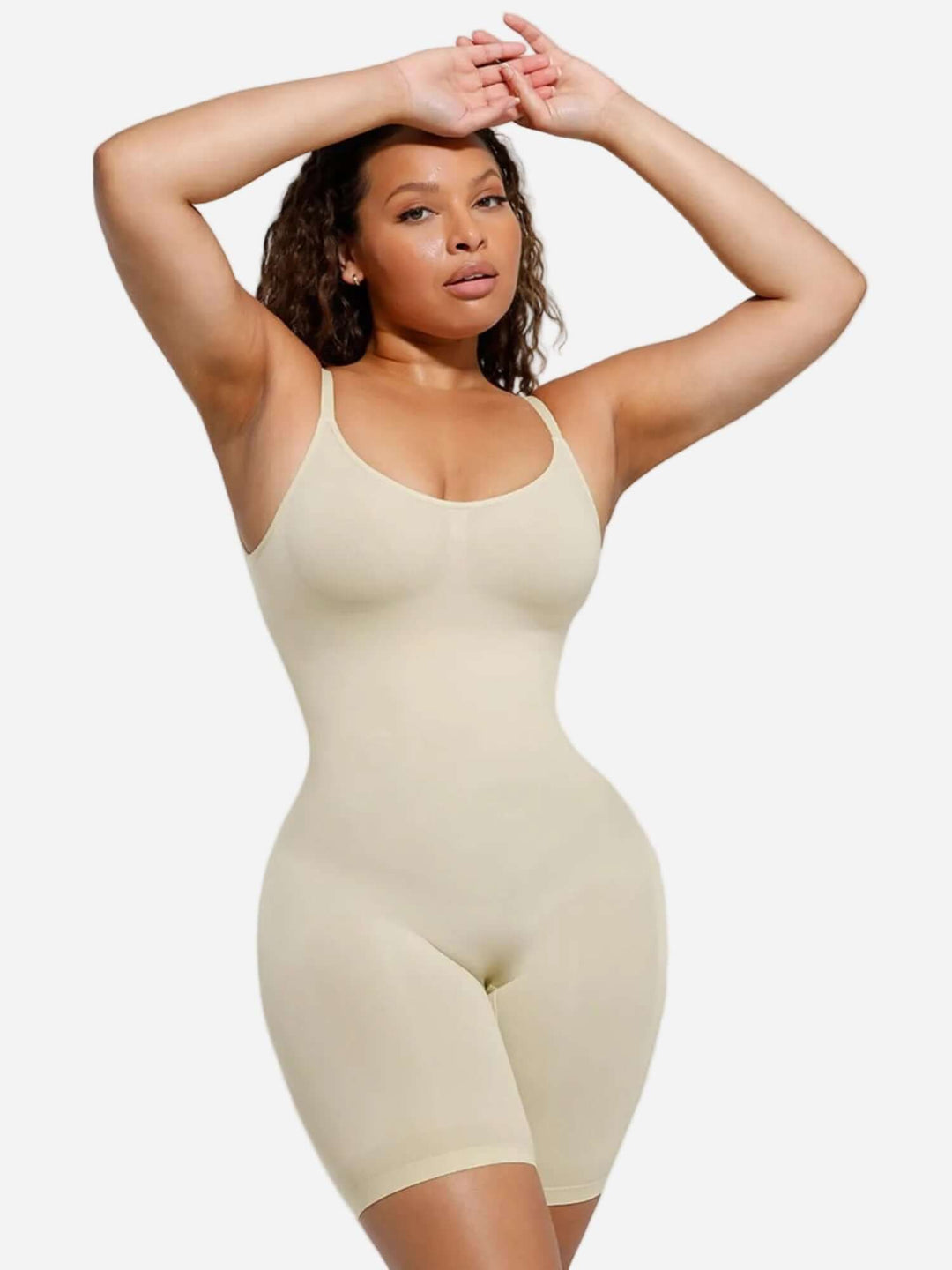 open-back sculptwear bodysuit with front-scoop neckline, medium compression, and mid-thigh length for a smooth contoured fit