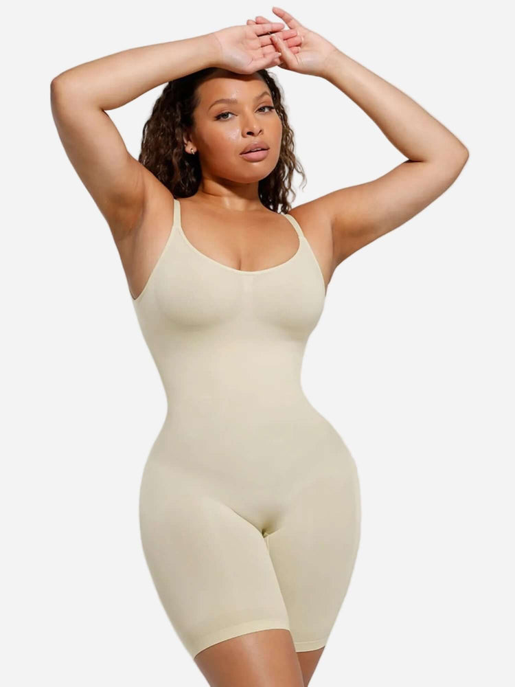 open-back sculptwear bodysuit with front-scoop neckline, medium compression, and mid-thigh length for a smooth contoured fit