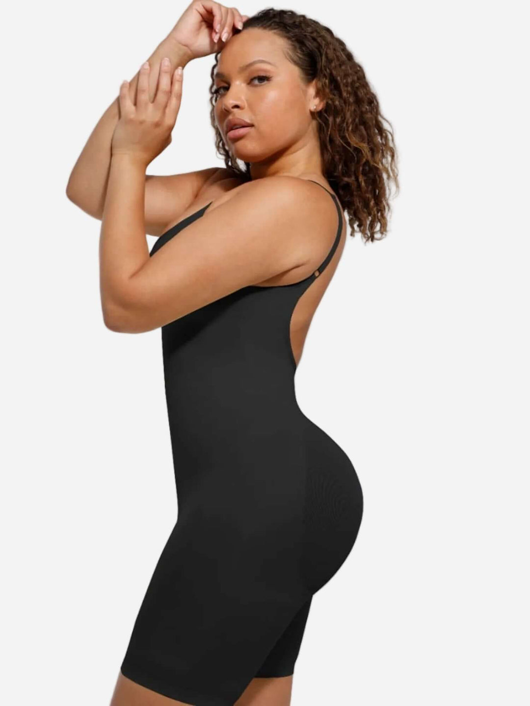 open-back sculptwear bodysuit with front-scoop neckline, medium compression, and smooth mid-thigh contouring