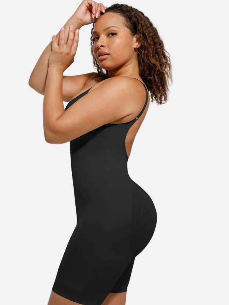 open-back sculptwear bodysuit with front-scoop neckline, medium compression, and smooth mid-thigh contouring