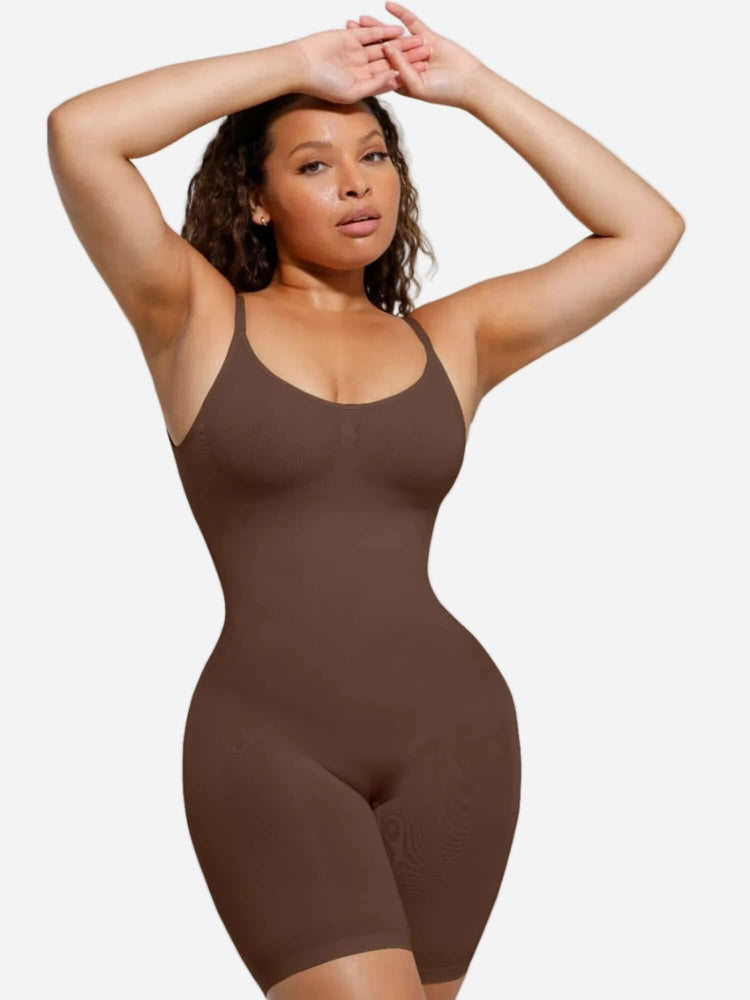 open-back sculptwear bodysuit with front-scoop neckline and mid-thigh length for smooth, medium-compression shaping