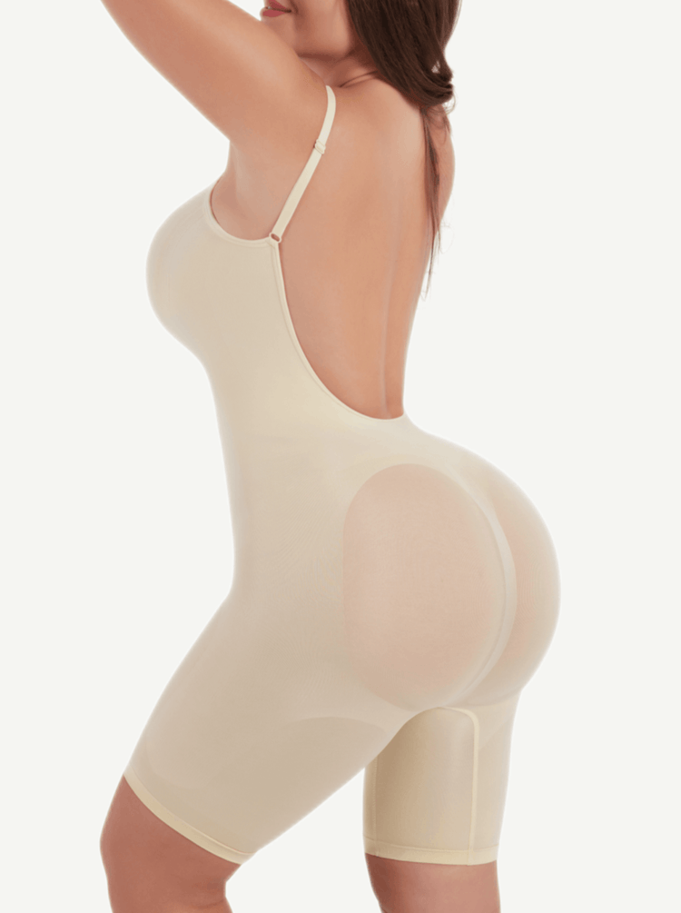 open-back sculptwear bodysuit with front-scoop neckline, mid-thigh length, and medium tummy-waist compression