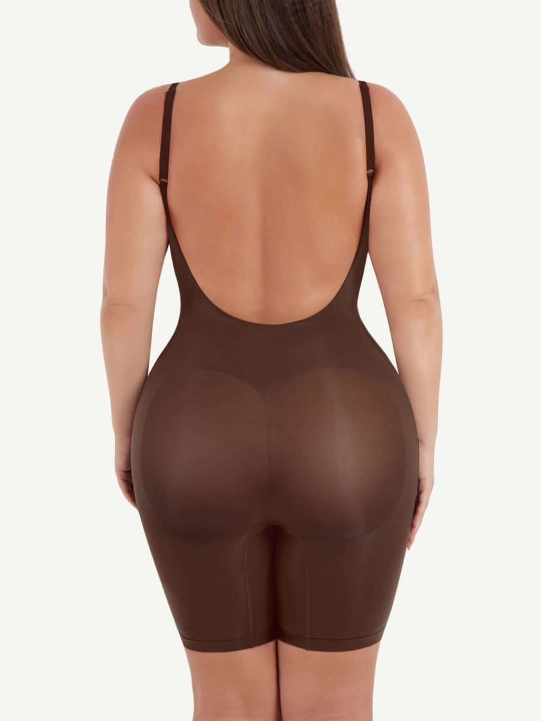 open-back sculptwear bodysuit with a front-scoop neckline and mid-thigh shaping for a smooth, contoured look