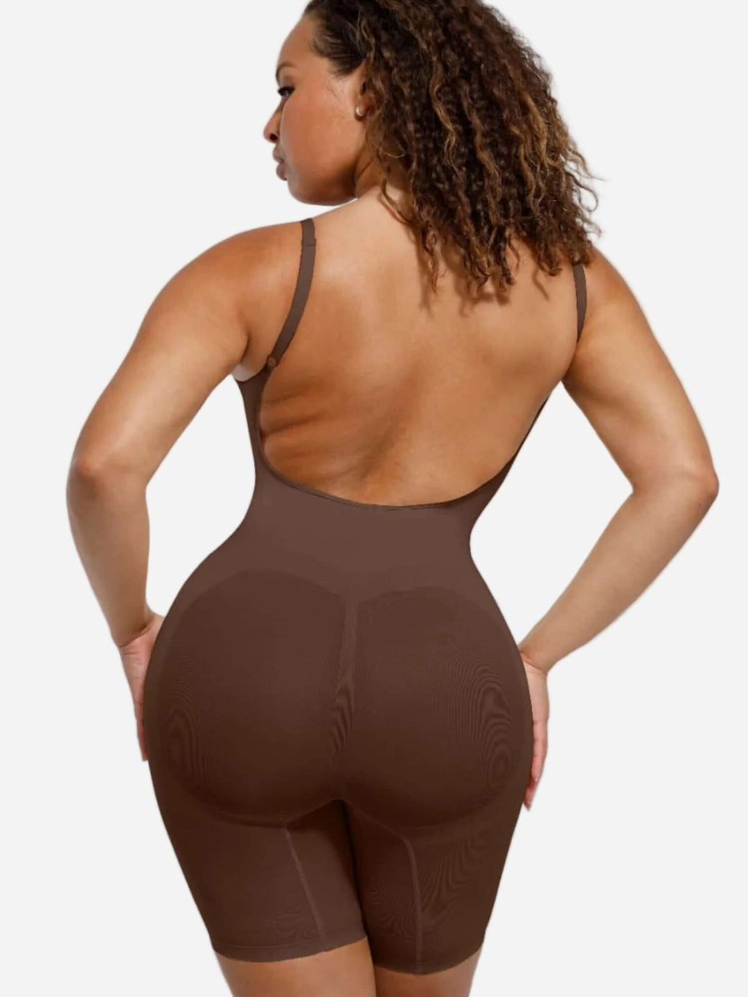 open-back sculptwear bodysuit with front-scoop neckline and mid-thigh length for smooth, contoured shaping