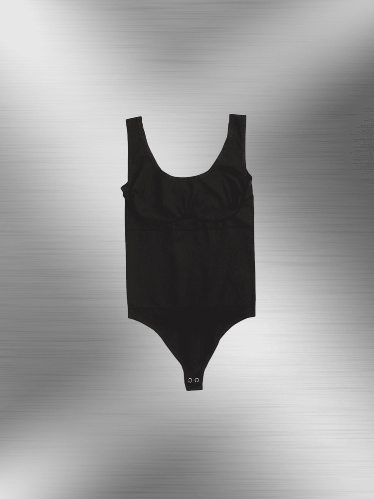 Black compression sculpt brief bodysuit with smoothing fit and snap crotch closure for a streamlined silhouette