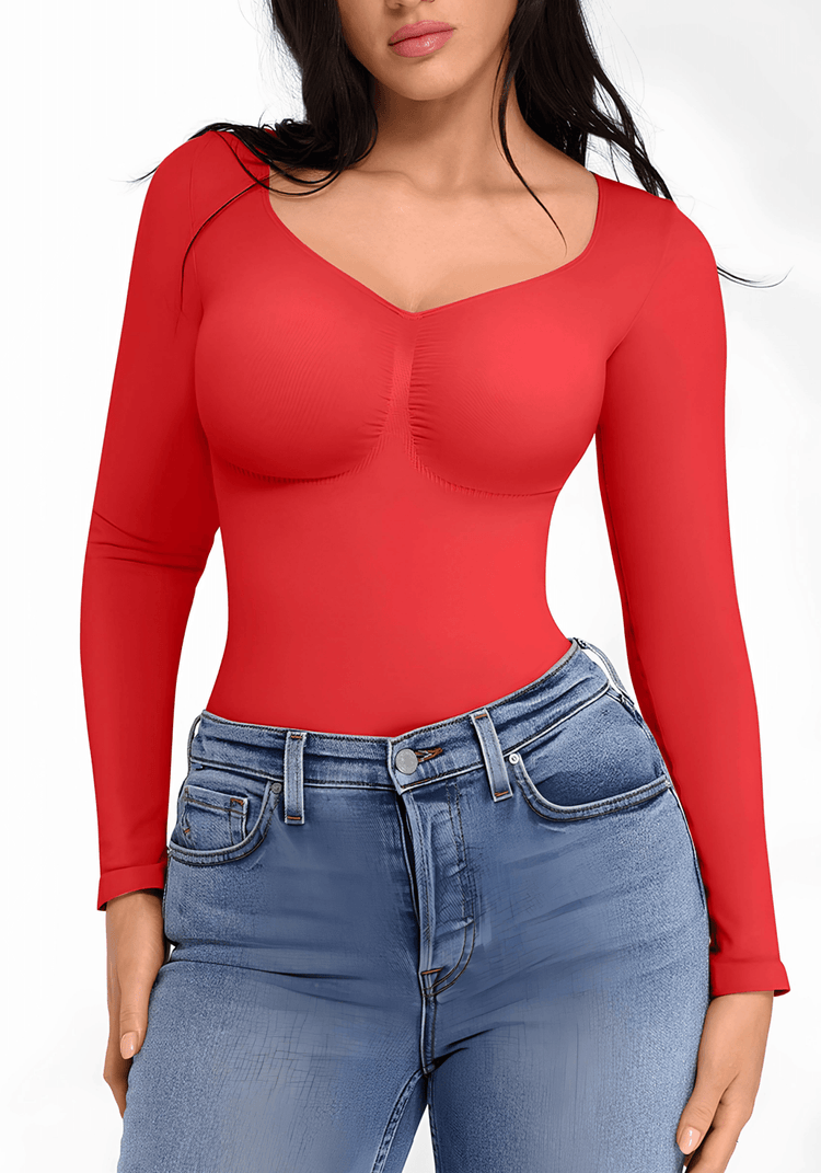 long sleeve sculpting bodysuit in red with seamless fit, waist shaping support, and smooth long-sleeve silhouette