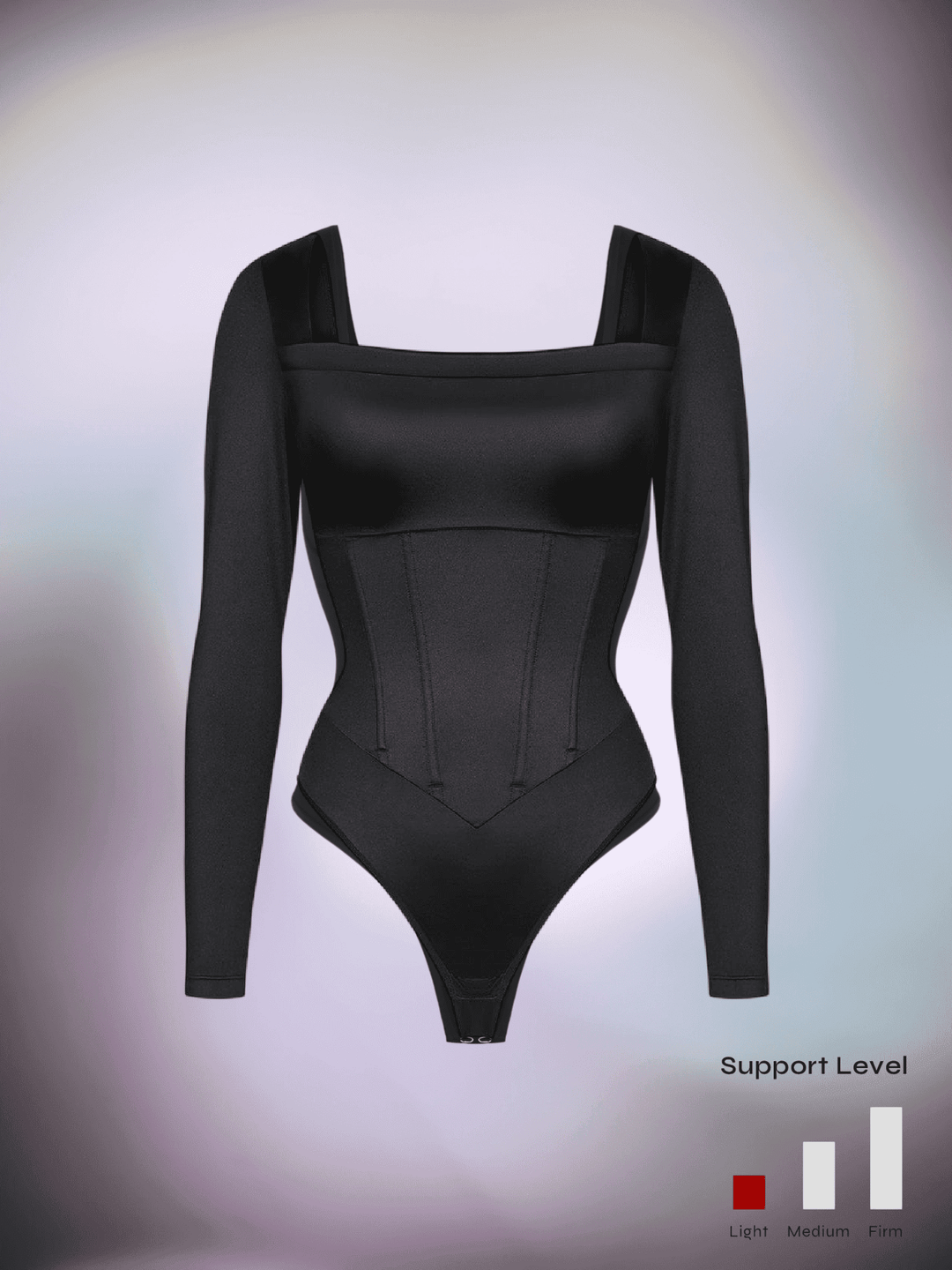 Black corset bodysuit with square neckline, long sleeves, and sculpting support level design for waist shaping