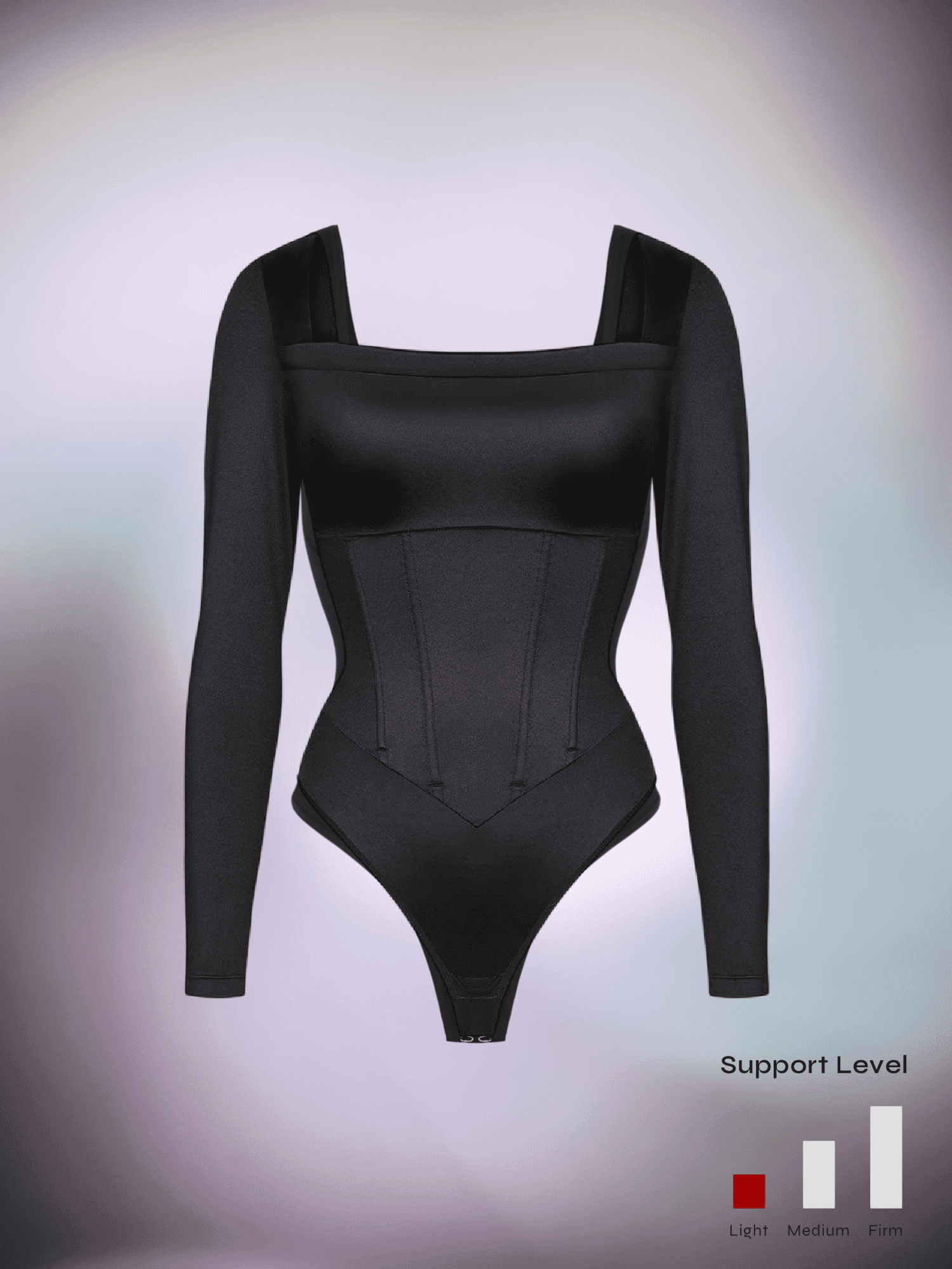 Black corset bodysuit with square neckline, long sleeves, and sculpting support level design for waist shaping