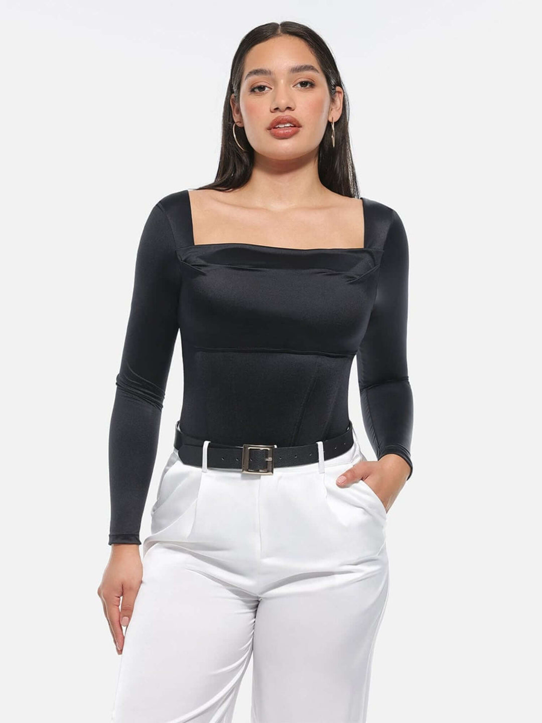 Retro Sculpt & Slay corset bodysuit with square neckline, tummy-control shaping, and sleek long-sleeve fit in black