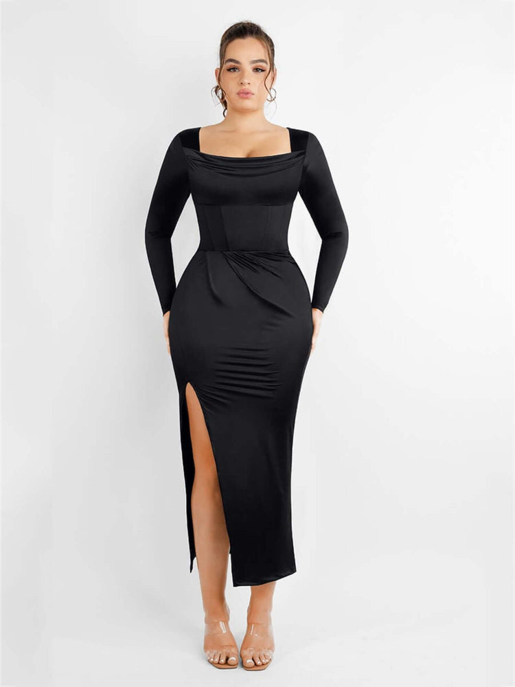 Black corset bodysuit dress with square neckline, long sleeves, thigh-high slit, and waist-sculpting fit for a sleek retro look