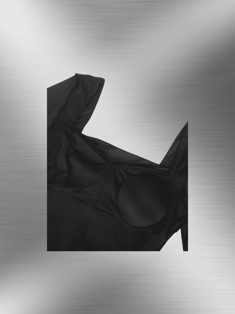 Black corset bodysuit with vintage square neckline and tummy-control mesh for sculpted shaping