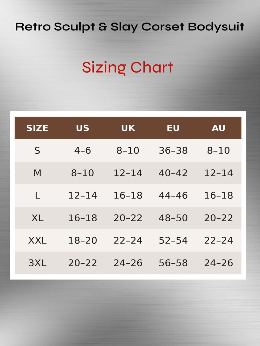 Retro Sculpt & Slay corset bodysuit sizing chart with US, UK, EU, and AU size conversions