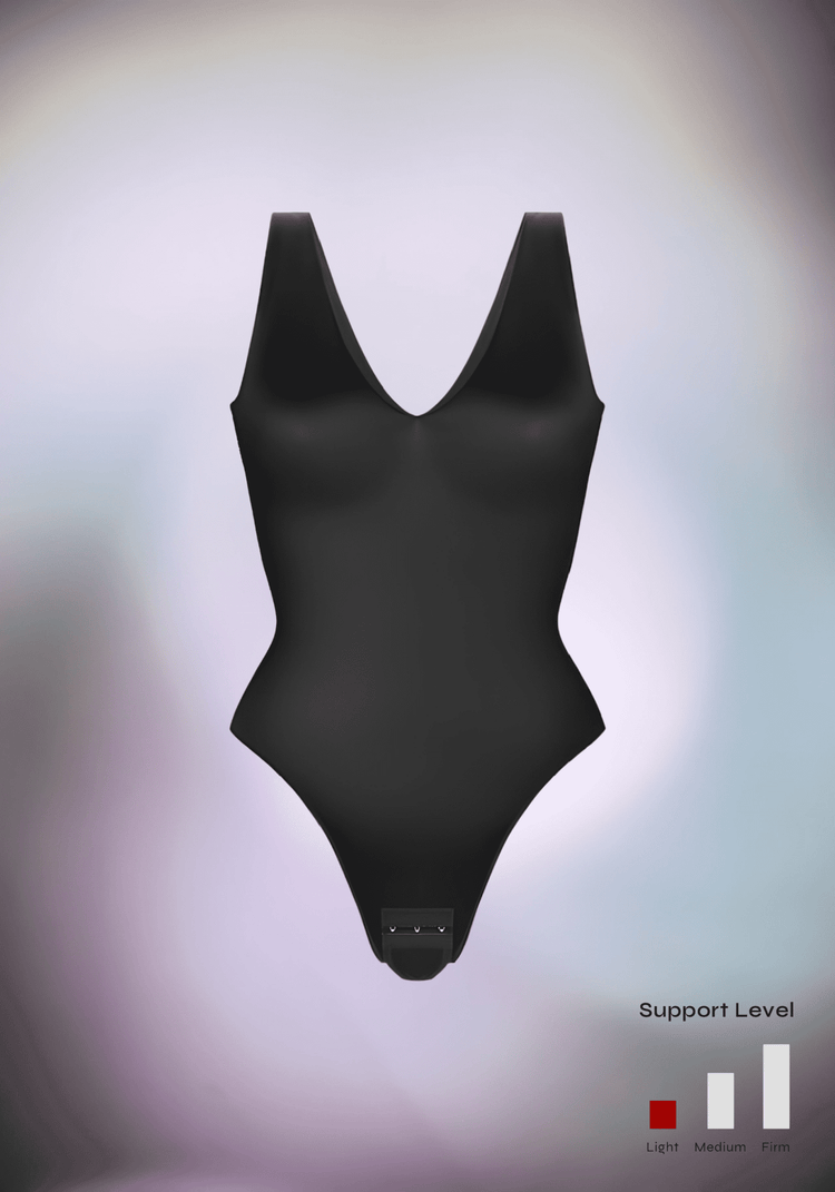 satin v-neck bodysuit with deep plunging neckline, figure-skimming silhouette, and smooth satin finish
