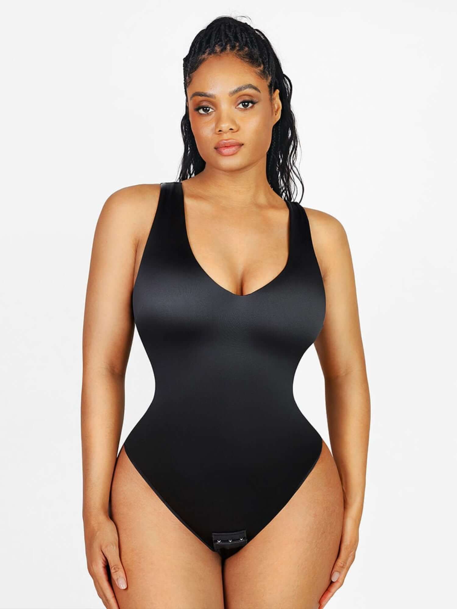 satin v-neck bodysuit in black with figure-skimming fit and deep neckline for a sleek, flattering look