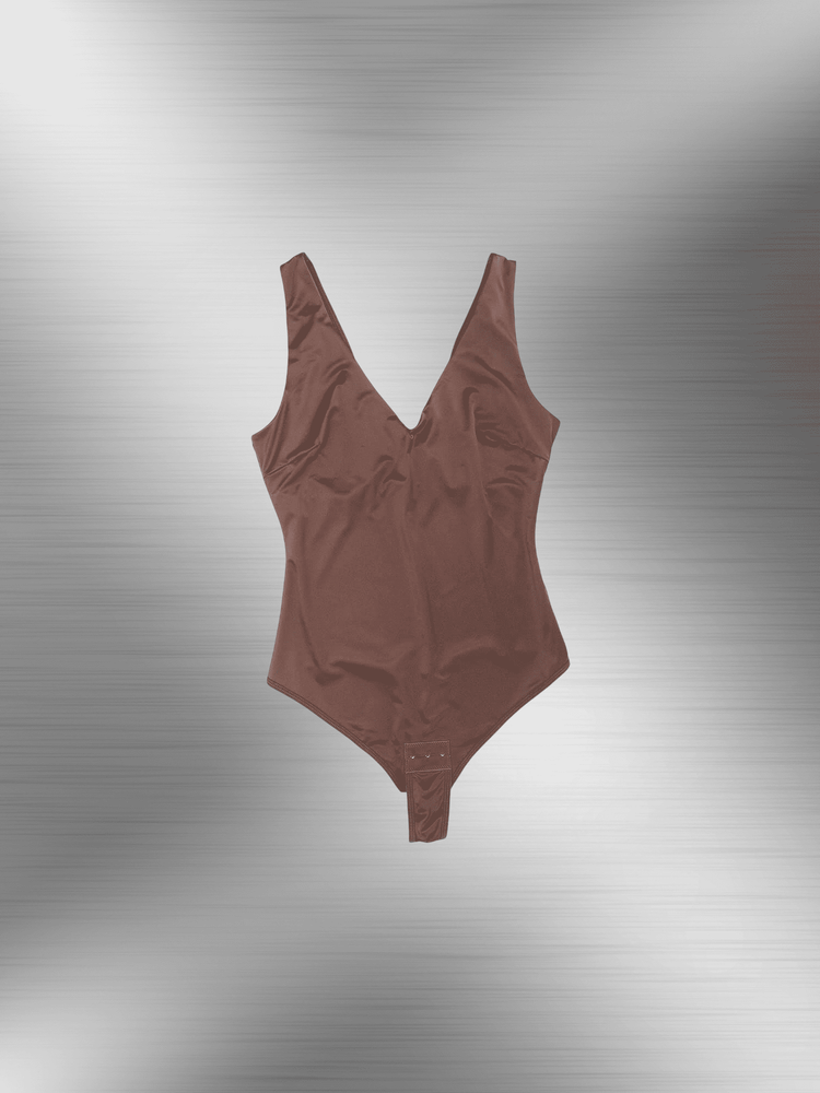 satin v-neck bodysuit with deep plunge neckline and sleek figure-skimming fit in pearl-satin lustre fabric