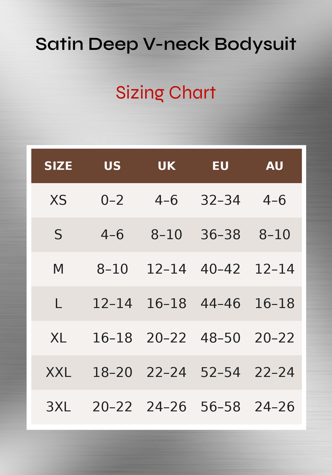 Satin v-neck bodysuit sizing chart with US, UK, EU, and AU size conversions