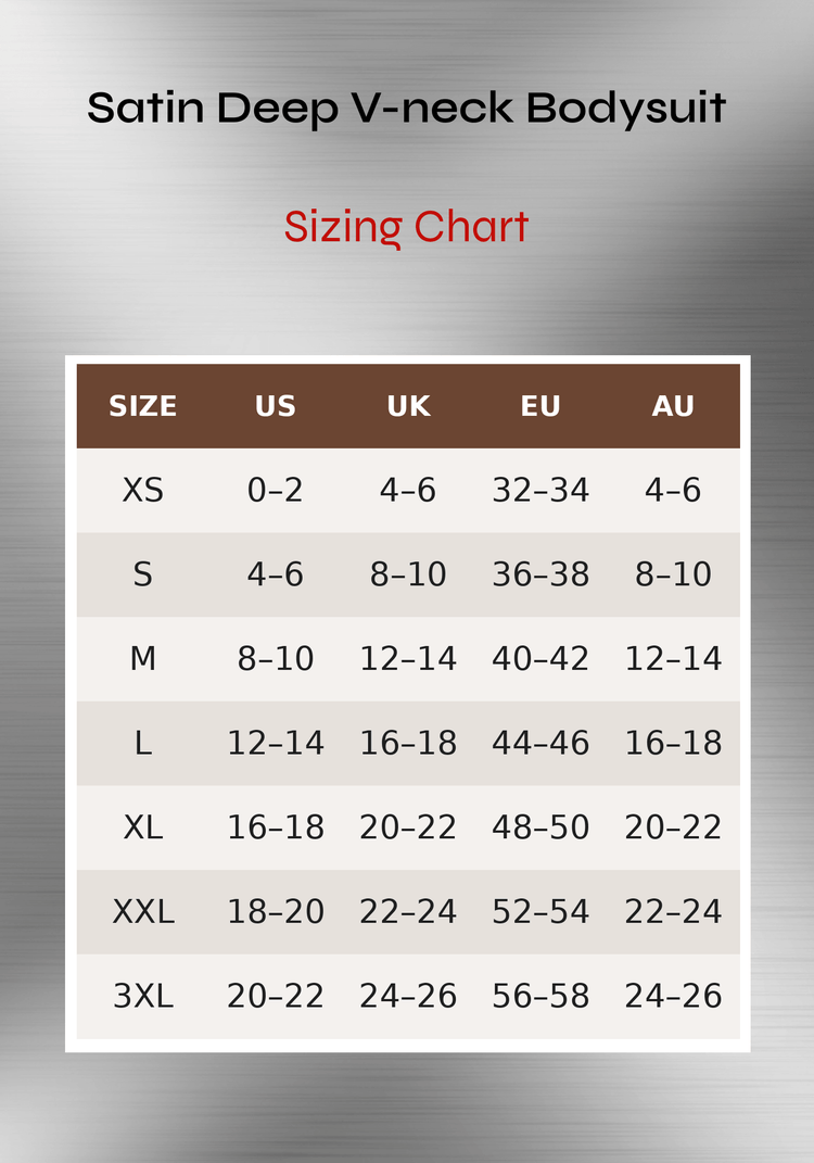 Satin v-neck bodysuit sizing chart with US, UK, EU, and AU size conversions