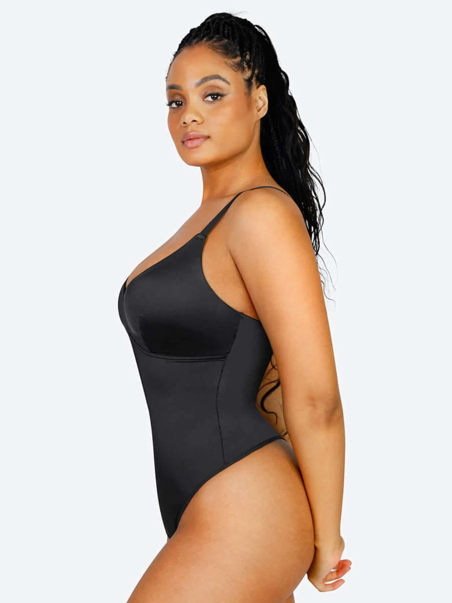 satin sculpting bodysuit with thong back, smooth satin finish, and four-way stretch for a polished fit