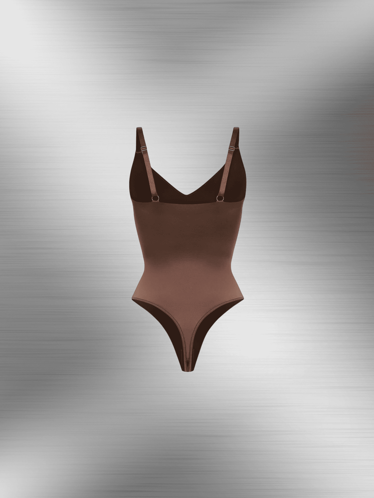 satin sculpting bodysuit in brown with thong back and adjustable straps, luxurious smooth finish