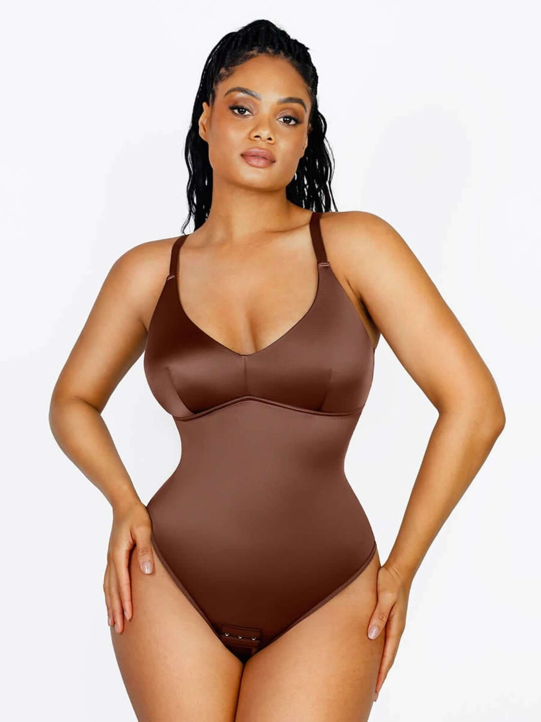 satin sculpting bodysuit in brown satin with thong back, soft stretch fit, and smooth sculpting silhouette