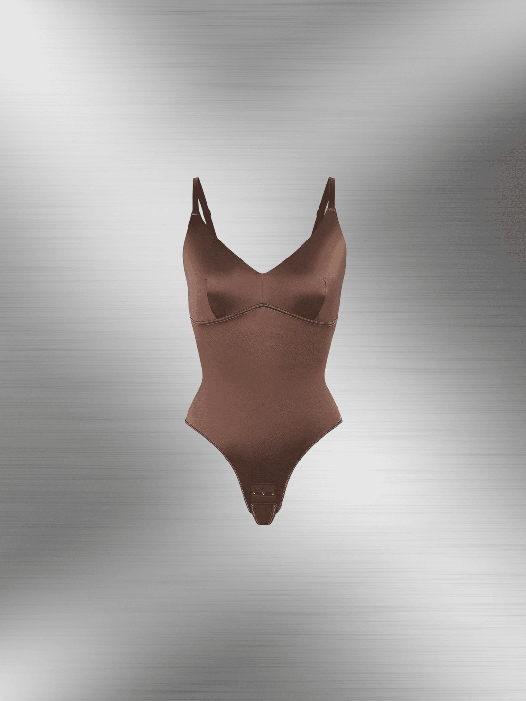 satin sculpting bodysuit in brown satin finish with thong back and sleek shaping fit for a polished silhouette