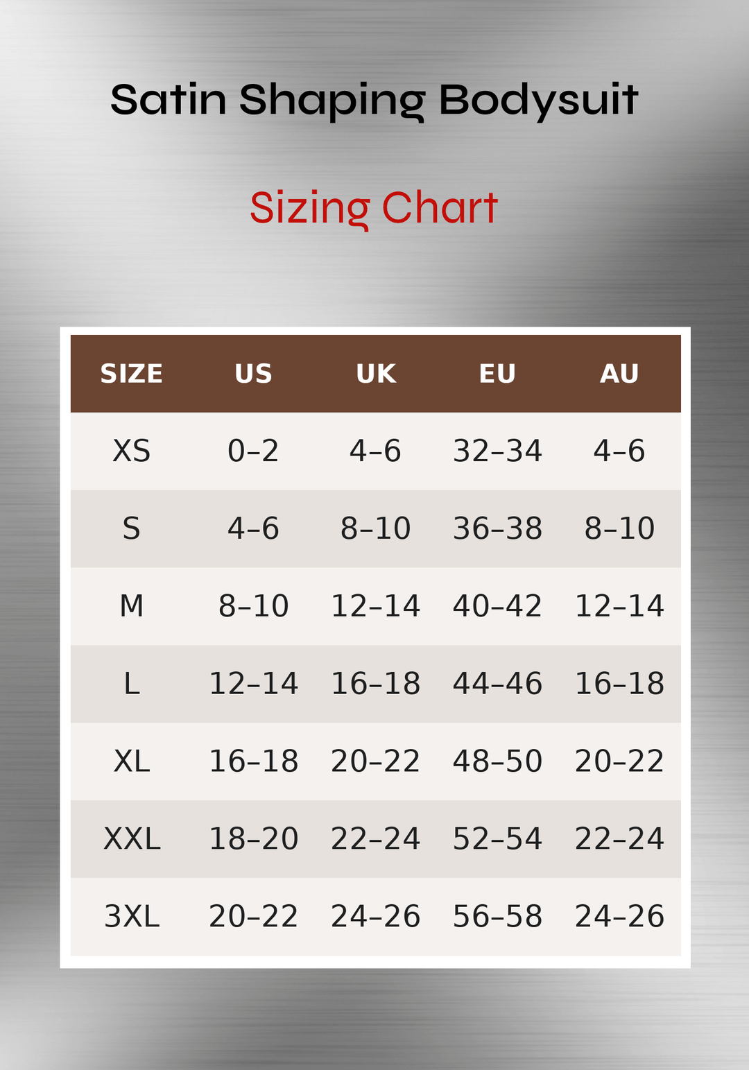 satin sculpting bodysuit sizing chart with size conversions for US, UK, EU, and AU