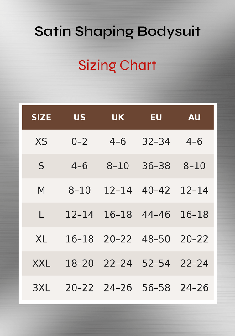 satin sculpting bodysuit sizing chart with size conversions for US, UK, EU, and AU