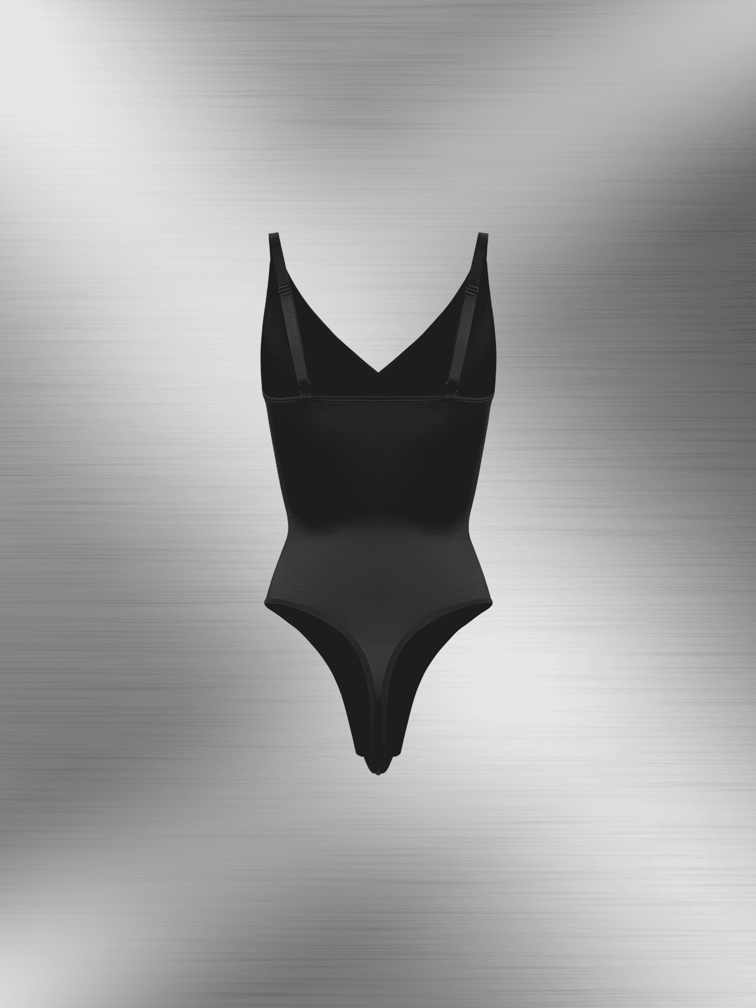 satin sculpting bodysuit in black with thong back, smooth satin finish, and sleek shaping fit