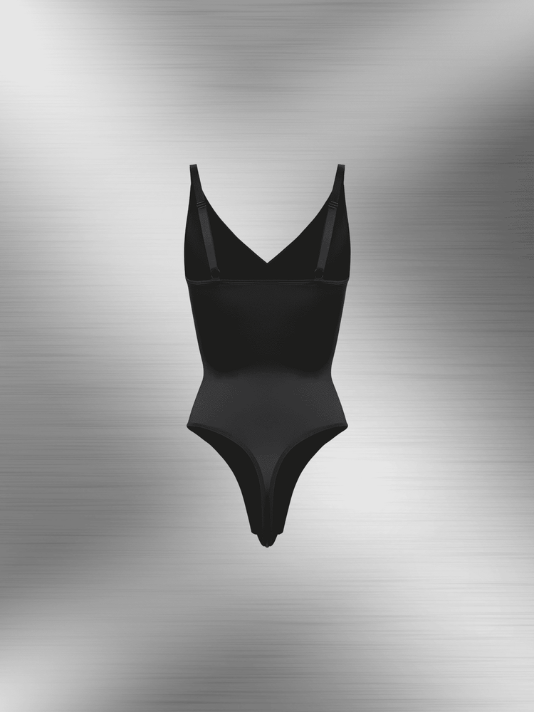 satin sculpting bodysuit in black with thong back, smooth satin finish, and sleek shaping fit
