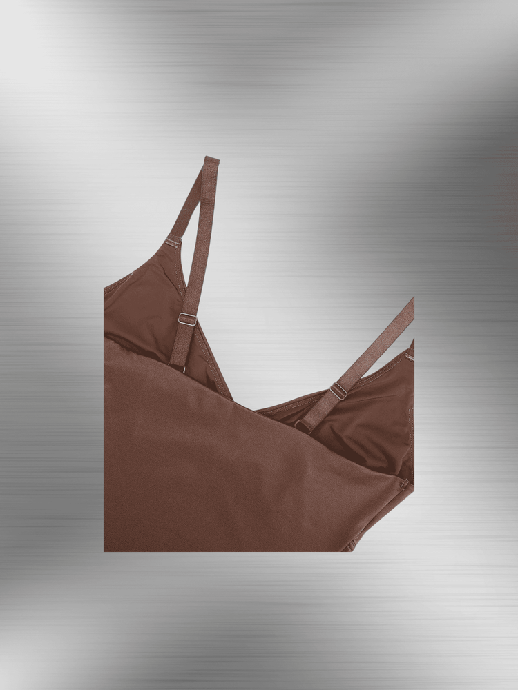satin sculpting bodysuit in brown with adjustable straps and smooth satin finish