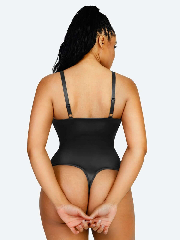 Back view of satin sculpting bodysuit with thong design and adjustable straps for a smooth, polished fit
