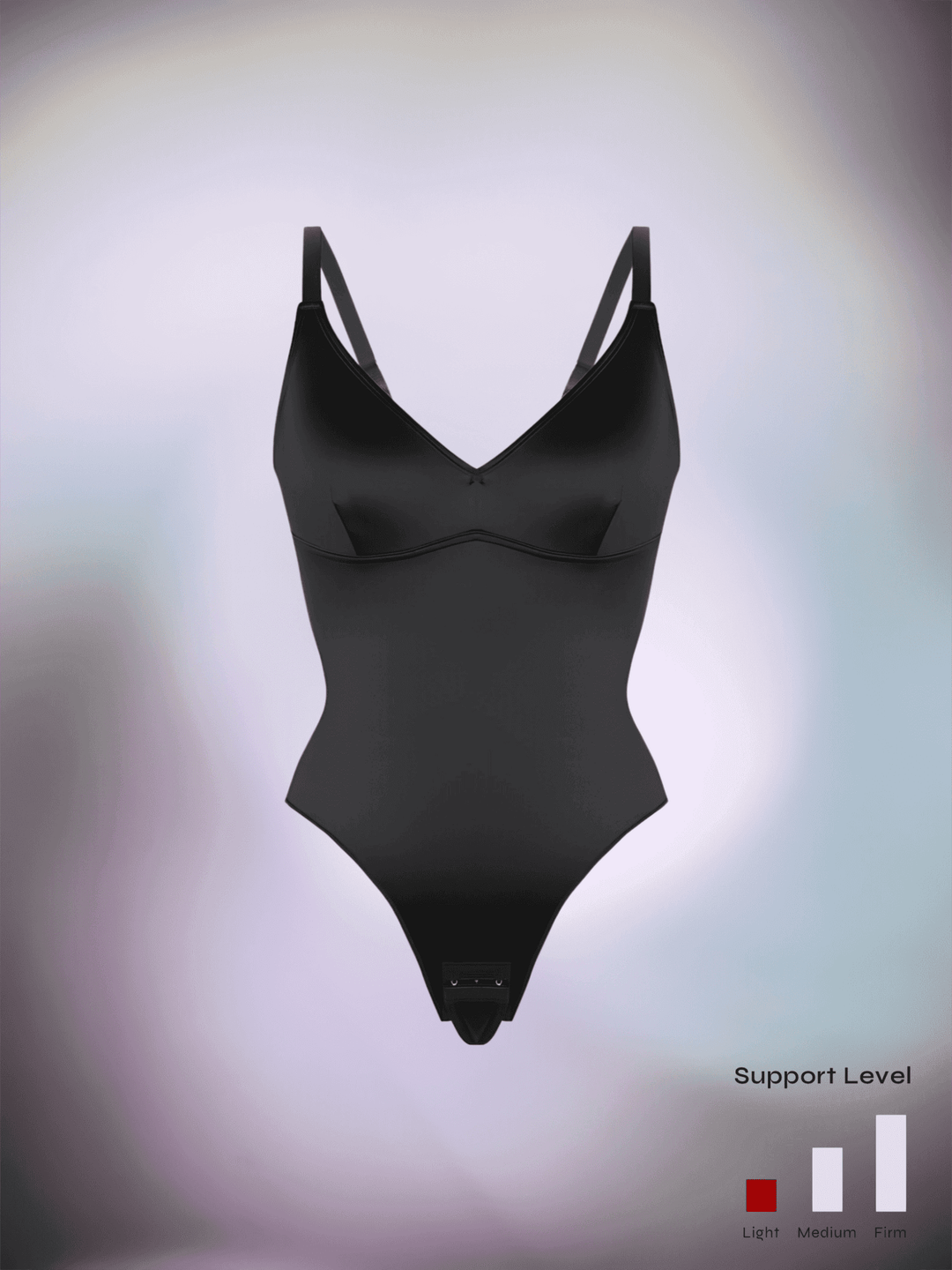 satin sculpting bodysuit in black with V-neck and thong back, smooth shaping fit, support level firm