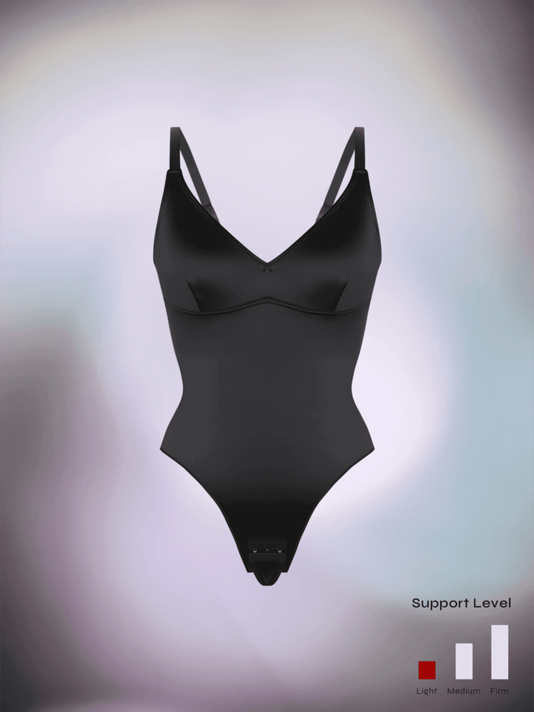 satin sculpting bodysuit in black with V-neck and thong back, smooth shaping fit, support level firm