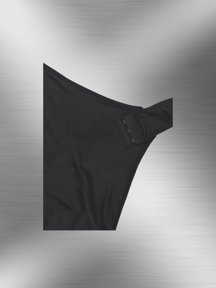 Satin v-neck bodysuit in black with deep low-cut neckline and figure-skimming fit