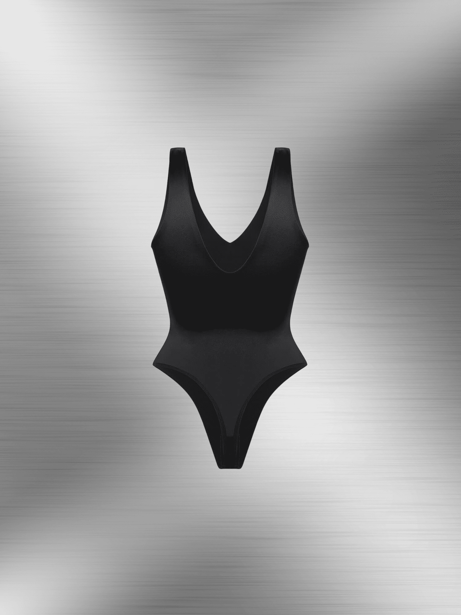 satin v-neck bodysuit with deep neckline and figure-skimming silhouette in black