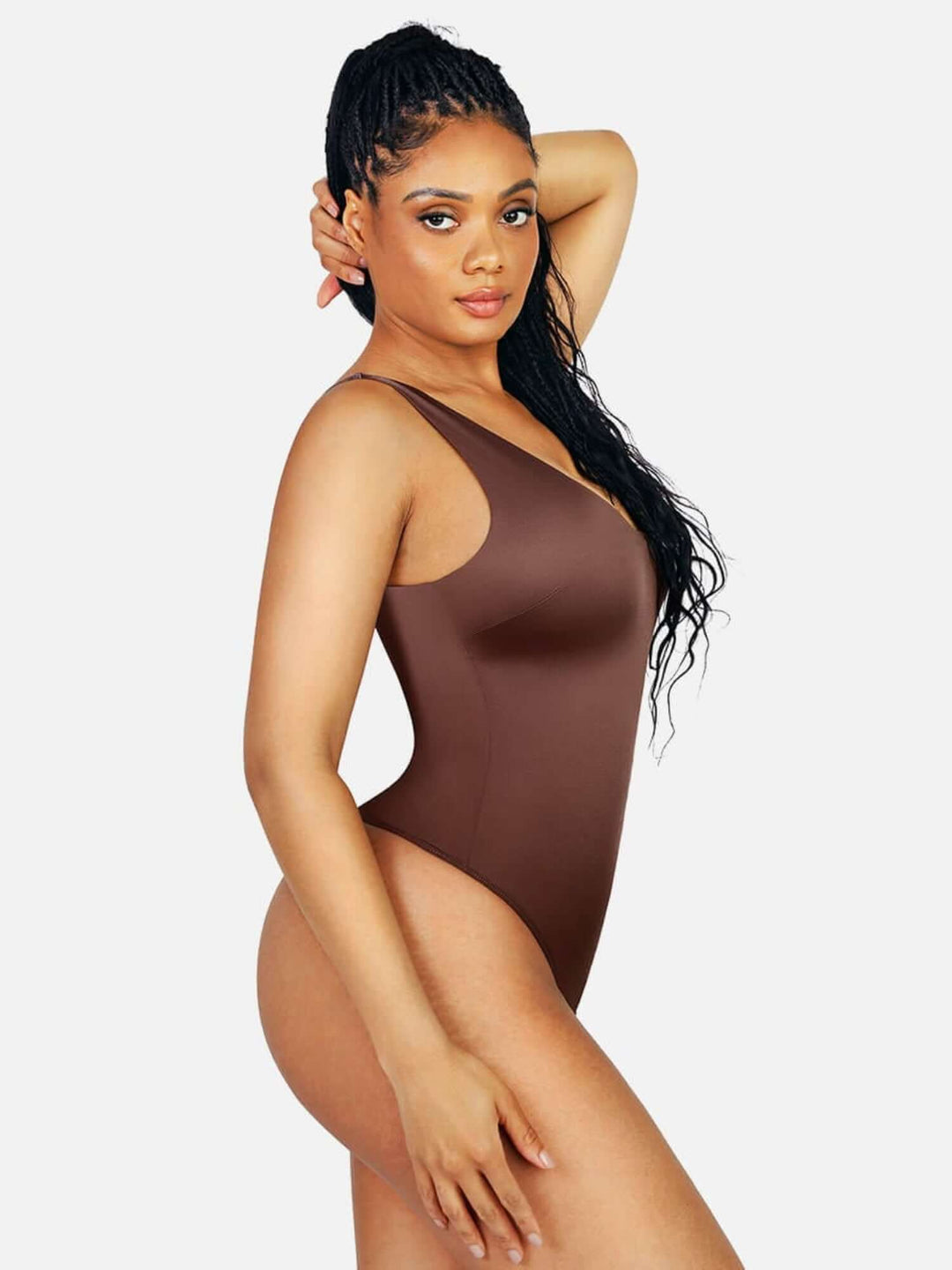 satin v-neck bodysuit in brown pearl-satin lustre with deep V-neckline and figure-skimming fit