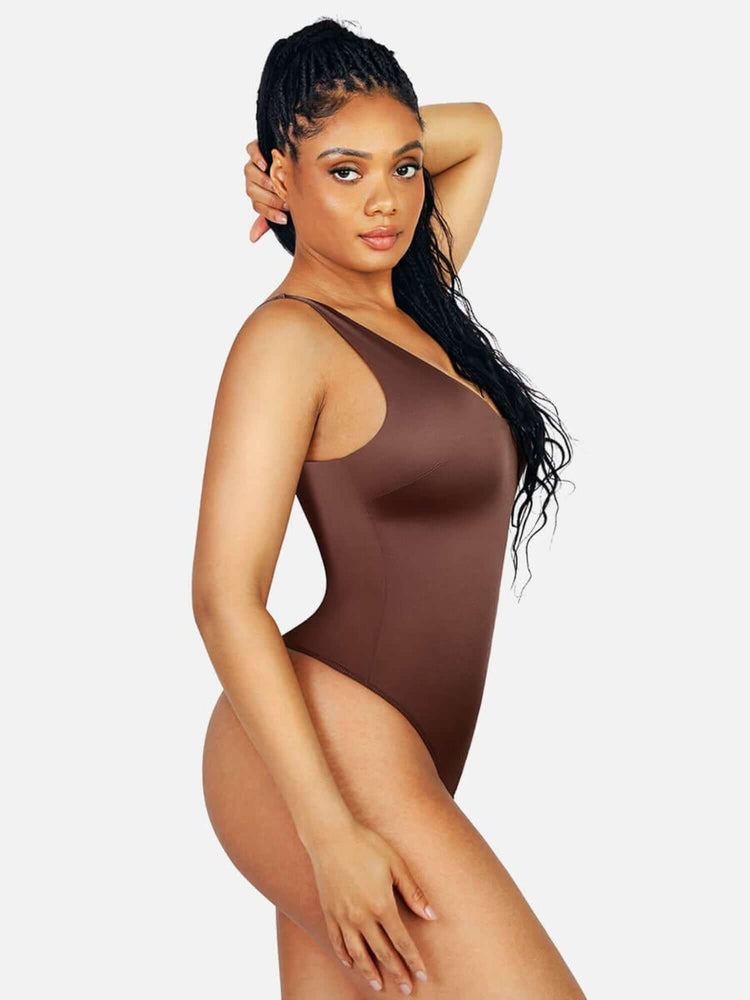 satin v-neck bodysuit in brown pearl-satin lustre with deep V-neckline and figure-skimming fit