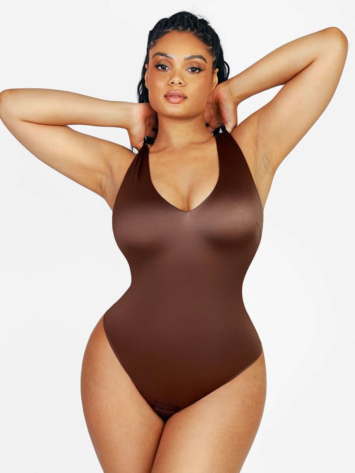 satin v-neck bodysuit in brown satin finish with deep V-neckline and curve-enhancing fit